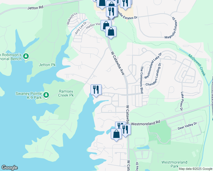 map of restaurants, bars, coffee shops, grocery stores, and more near 18729 Silver Quay Drive in Cornelius