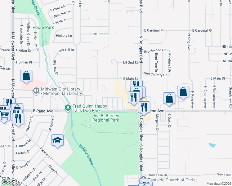 map of restaurants, bars, coffee shops, grocery stores, and more near 8795 Saint George Way in Midwest City