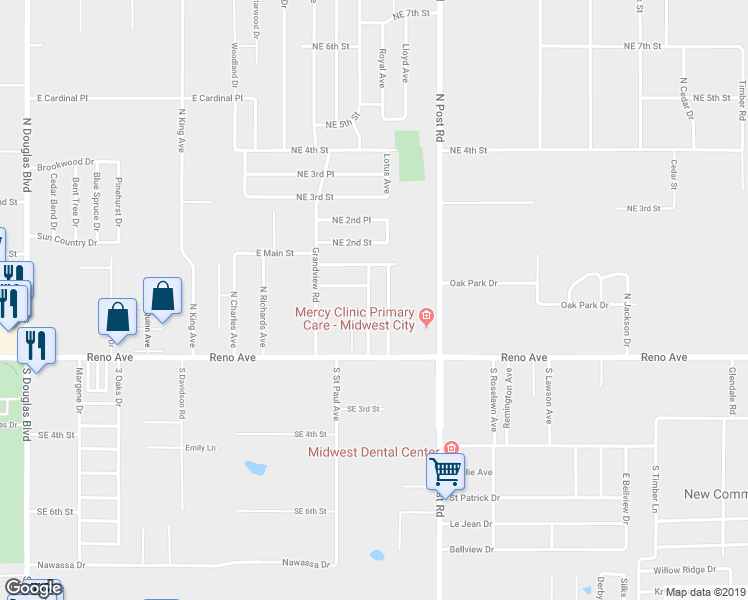 map of restaurants, bars, coffee shops, grocery stores, and more near 200 Oak Tree Lane in Midwest City