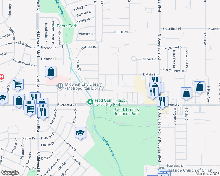 map of restaurants, bars, coffee shops, grocery stores, and more near 8508 Del Arbole Drive in Midwest City