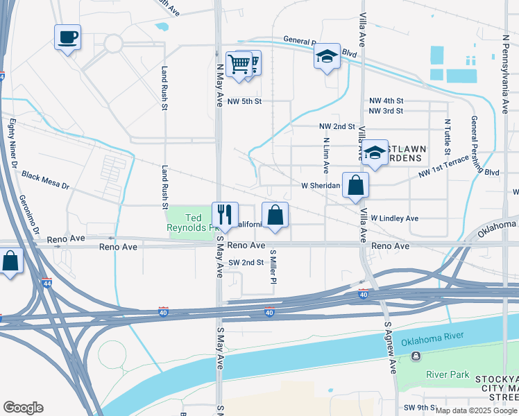 map of restaurants, bars, coffee shops, grocery stores, and more near 106 South Ross Avenue in Oklahoma City