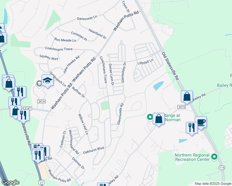 map of restaurants, bars, coffee shops, grocery stores, and more near 9428 Glenashley Drive in Cornelius
