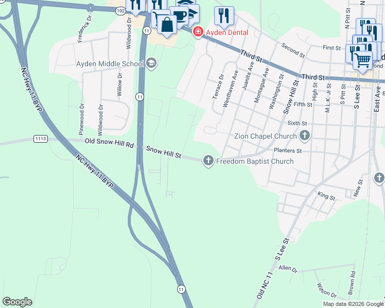 map of restaurants, bars, coffee shops, grocery stores, and more near 207 Snow Hill St in Ayden