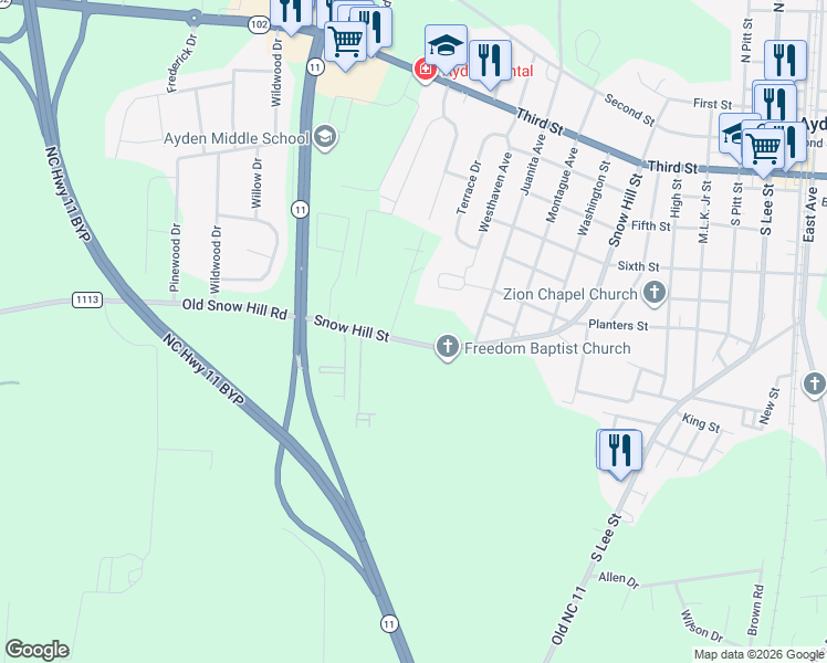 map of restaurants, bars, coffee shops, grocery stores, and more near 207 Snow Hill Street in Ayden
