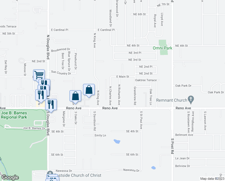 map of restaurants, bars, coffee shops, grocery stores, and more near 138 North Charles Avenue in Midwest City
