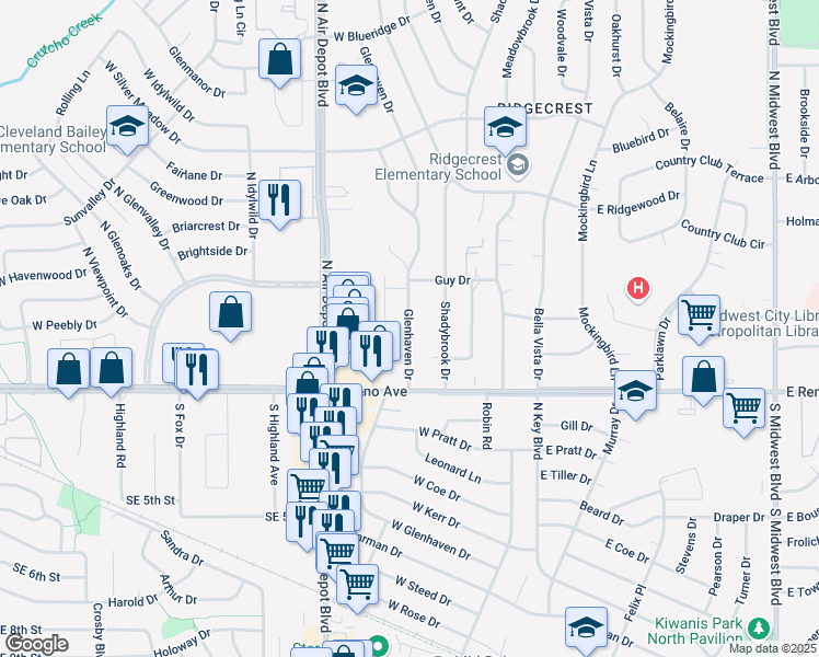 map of restaurants, bars, coffee shops, grocery stores, and more near 2906 Glenhaven Drive in Midwest City