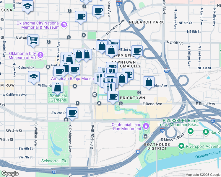 map of restaurants, bars, coffee shops, grocery stores, and more near 100 East Sheridan Avenue in Oklahoma City