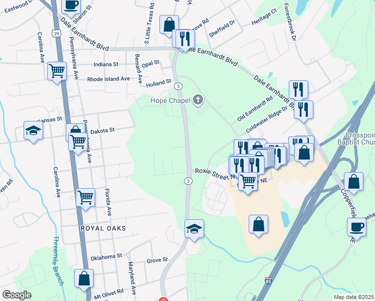 map of restaurants, bars, coffee shops, grocery stores, and more near 1750 Concord Lake Road in Kannapolis
