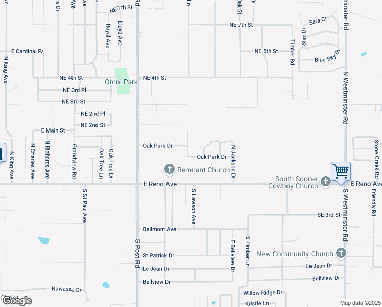 map of restaurants, bars, coffee shops, grocery stores, and more near 10201 Oak Park Drive in Midwest City