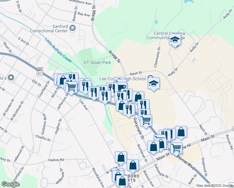 map of restaurants, bars, coffee shops, grocery stores, and more near 1931 South Horner Boulevard in Sanford