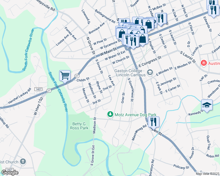 map of restaurants, bars, coffee shops, grocery stores, and more near 501 South Grove Street in Lincolnton