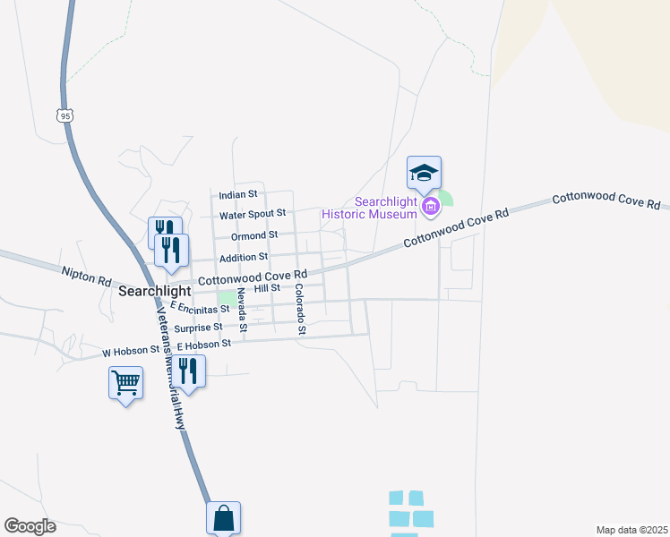 map of restaurants, bars, coffee shops, grocery stores, and more near Cottonwood Cove Road in Searchlight