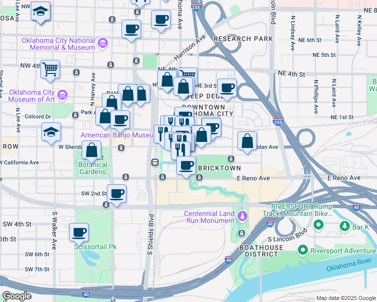 map of restaurants, bars, coffee shops, grocery stores, and more near 100 East Sheridan Avenue in Oklahoma City