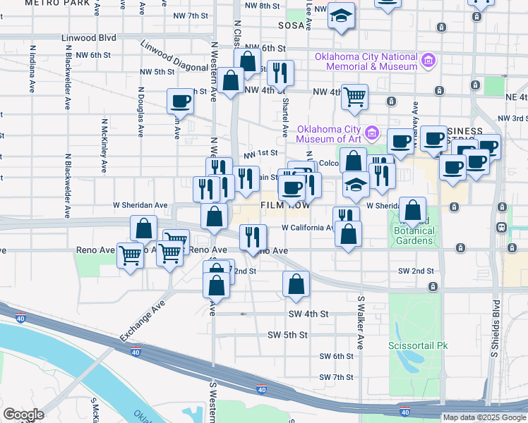 map of restaurants, bars, coffee shops, grocery stores, and more near 830 West Sheridan Avenue in Oklahoma City