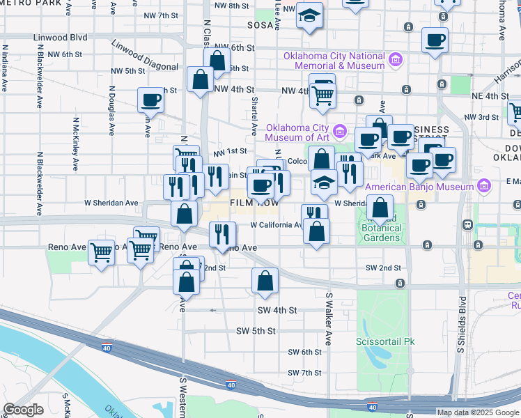 map of restaurants, bars, coffee shops, grocery stores, and more near 720 West Sheridan Avenue in Oklahoma City