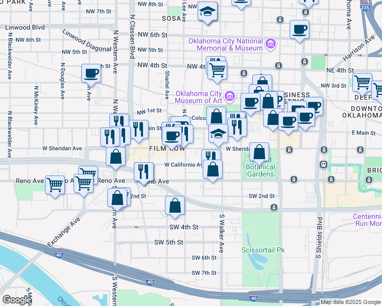 map of restaurants, bars, coffee shops, grocery stores, and more near 630 West Sheridan Avenue in Oklahoma City