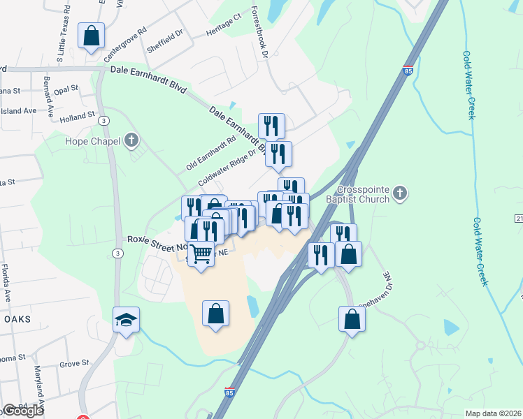 map of restaurants, bars, coffee shops, grocery stores, and more near 2271 Roxie Street Northeast in Kannapolis