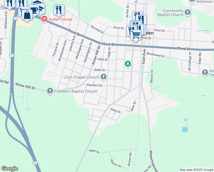 map of restaurants, bars, coffee shops, grocery stores, and more near Planters Street in Ayden