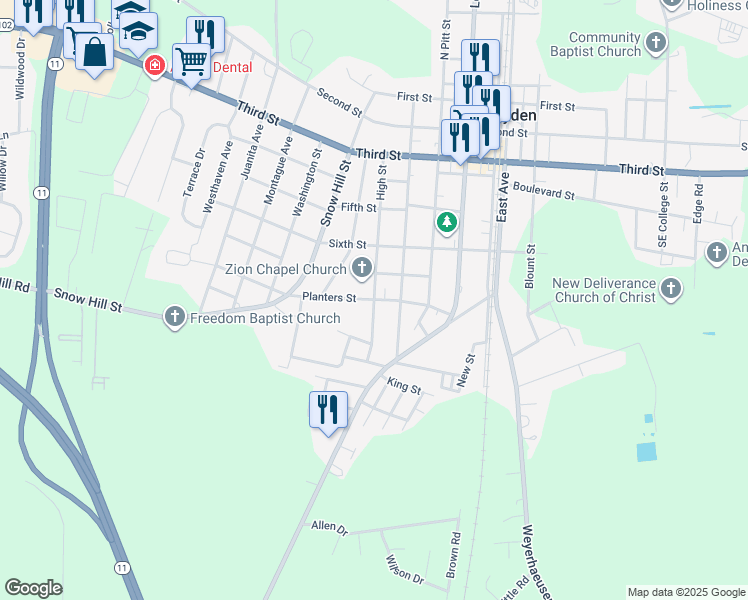 map of restaurants, bars, coffee shops, grocery stores, and more near Planters Street in Ayden
