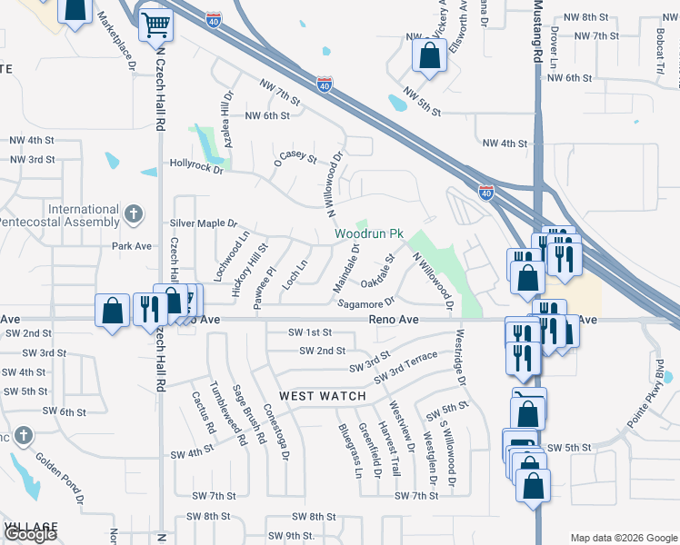 map of restaurants, bars, coffee shops, grocery stores, and more near 117 Maindale Drive in Yukon