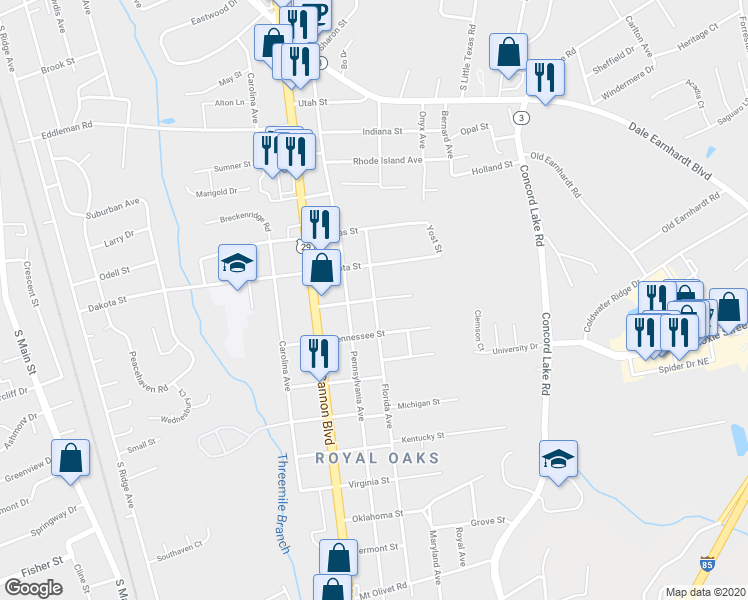 map of restaurants, bars, coffee shops, grocery stores, and more near 998 California Street in Kannapolis