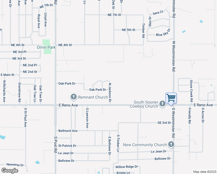 map of restaurants, bars, coffee shops, grocery stores, and more near 205 North Jackson Drive in Midwest City