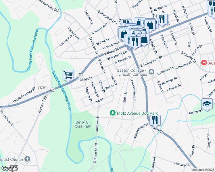 map of restaurants, bars, coffee shops, grocery stores, and more near 501 South Grove Street in Lincolnton