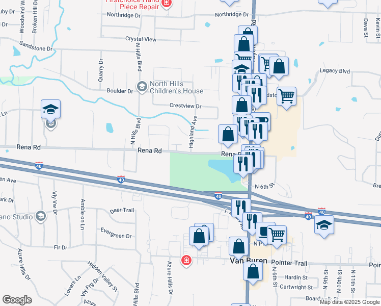 map of restaurants, bars, coffee shops, grocery stores, and more near 200 Rena Road in Van Buren