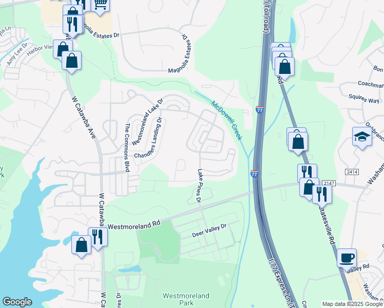 map of restaurants, bars, coffee shops, grocery stores, and more near 17511 Harbor Walk Drive in Cornelius