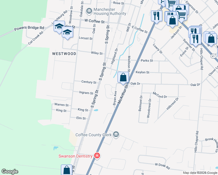 map of restaurants, bars, coffee shops, grocery stores, and more near 119 Bryan Avenue in Manchester