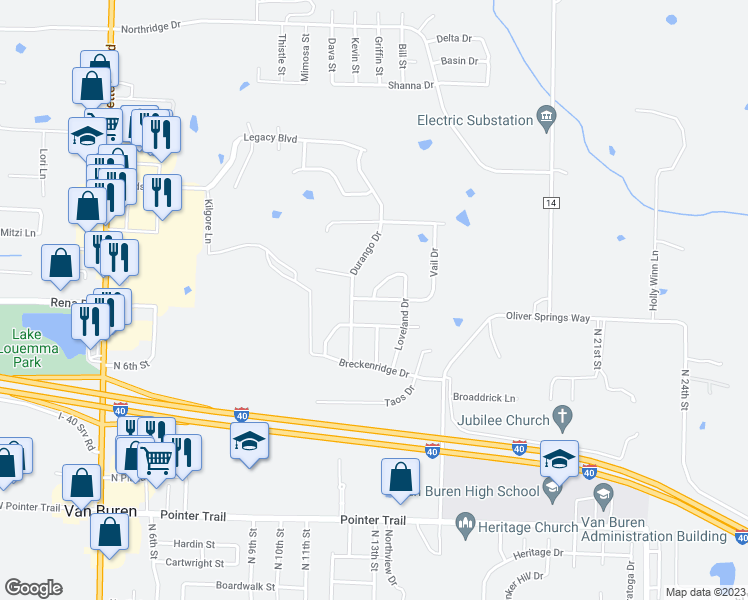 map of restaurants, bars, coffee shops, grocery stores, and more near 1305 Timberland Drive in Van Buren