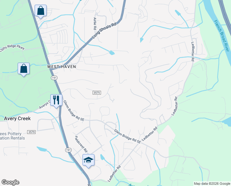 map of restaurants, bars, coffee shops, grocery stores, and more near 6 Wildwood Drive in Avery Creek