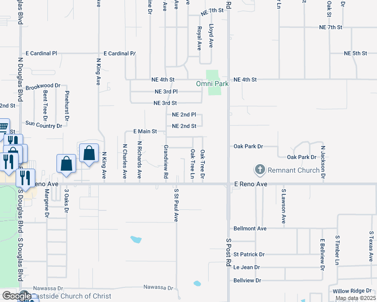 map of restaurants, bars, coffee shops, grocery stores, and more near 200 Oak Tree Lane in Midwest City