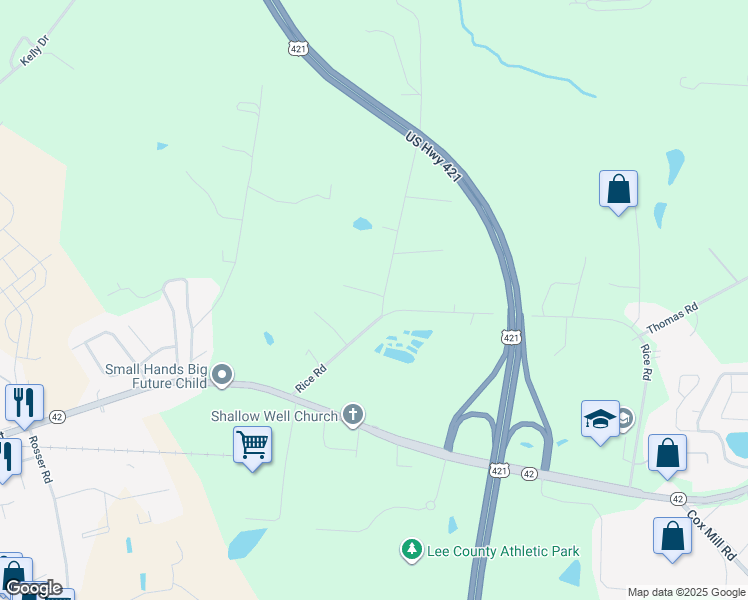 map of restaurants, bars, coffee shops, grocery stores, and more near 1438 O'Quinn Road in Sanford