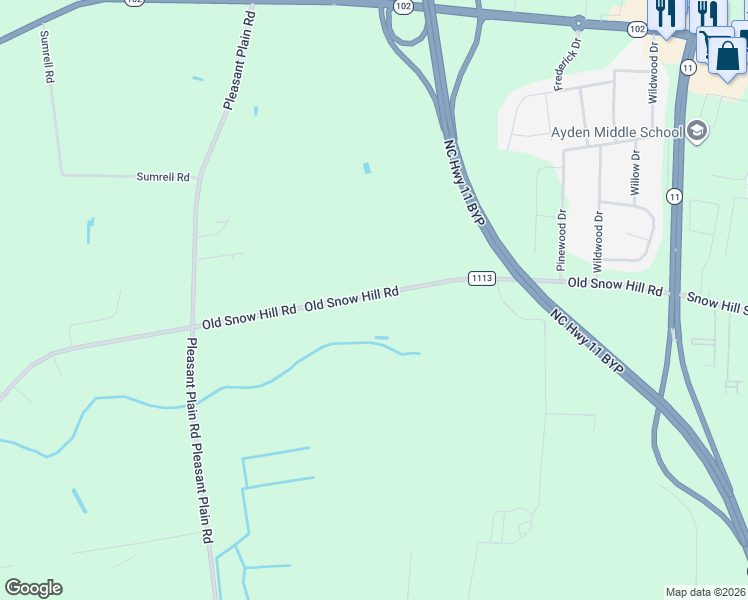 map of restaurants, bars, coffee shops, grocery stores, and more near 403 Old Snow Hill Road in Ayden