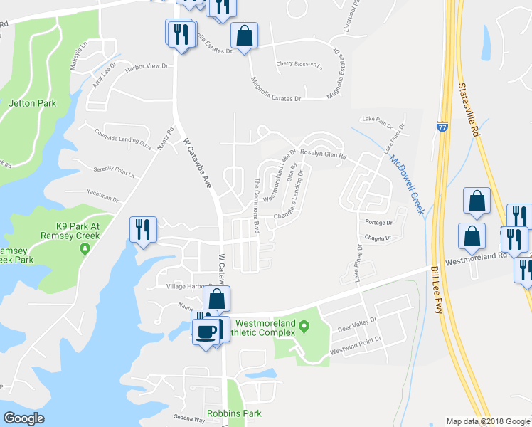 map of restaurants, bars, coffee shops, grocery stores, and more near 19027 Chandlers Landing Drive in Cornelius