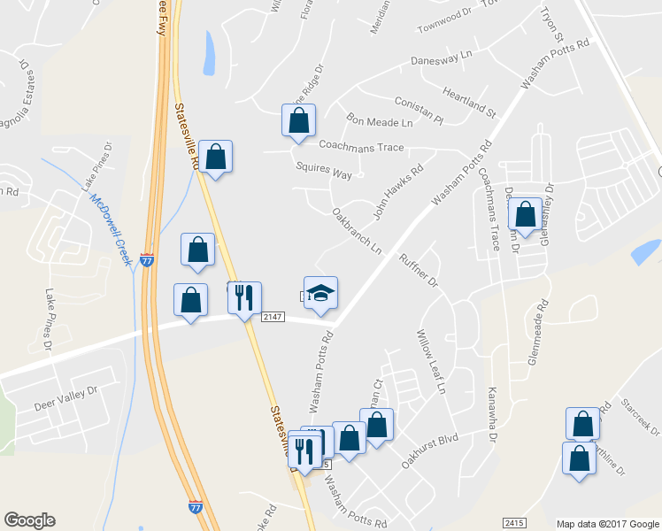 map of restaurants, bars, coffee shops, grocery stores, and more near 9611 Westmoreland Road in Cornelius