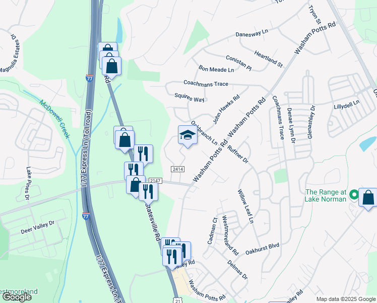 map of restaurants, bars, coffee shops, grocery stores, and more near 9611 Westmoreland Road in Cornelius