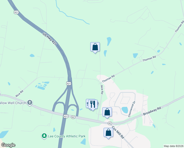 map of restaurants, bars, coffee shops, grocery stores, and more near 2037 Rice Road in Sanford