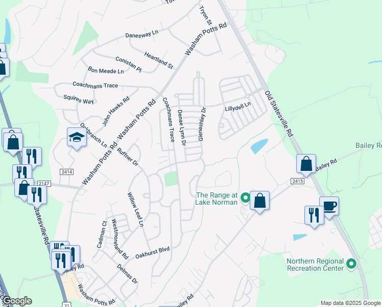 map of restaurants, bars, coffee shops, grocery stores, and more near 19337 Courtney Jae Lane in Cornelius