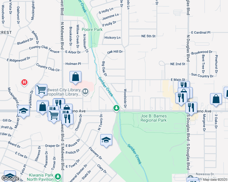 map of restaurants, bars, coffee shops, grocery stores, and more near 1032 Parkview Drive in Midwest City