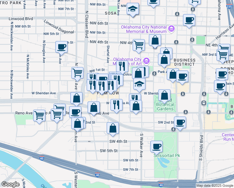 map of restaurants, bars, coffee shops, grocery stores, and more near 630 West Sheridan Avenue in Oklahoma City