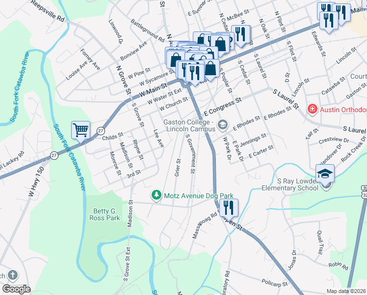 map of restaurants, bars, coffee shops, grocery stores, and more near 520 South Government Street in Lincolnton
