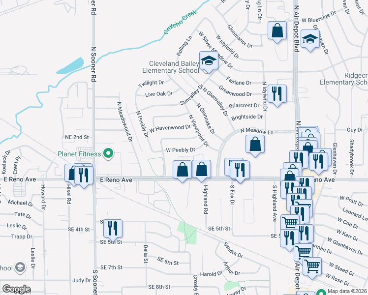 map of restaurants, bars, coffee shops, grocery stores, and more near 1105 West Peebly Drive in Midwest City