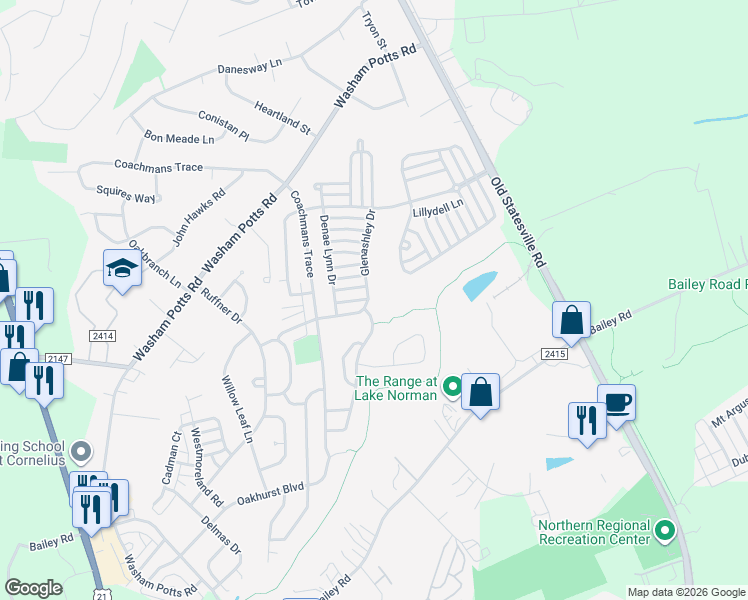 map of restaurants, bars, coffee shops, grocery stores, and more near 9347 Glenashley Drive in Cornelius