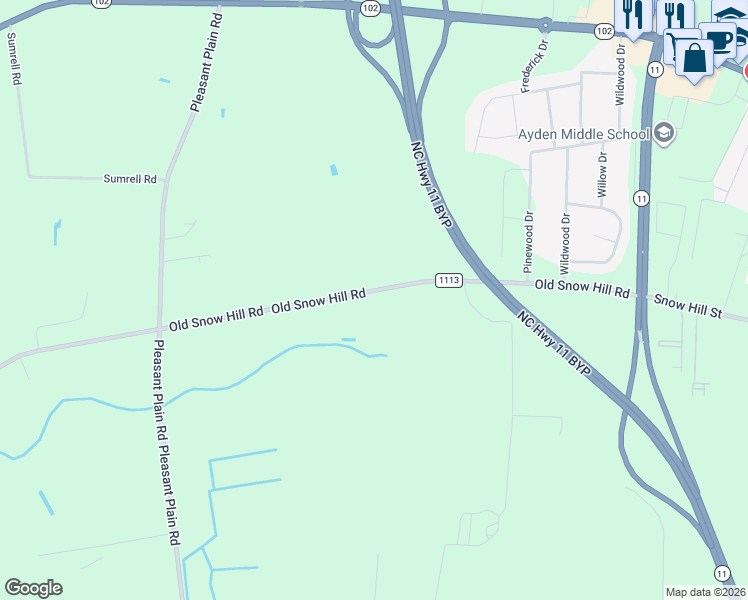 map of restaurants, bars, coffee shops, grocery stores, and more near 403 Old Snow Hill Road in Ayden