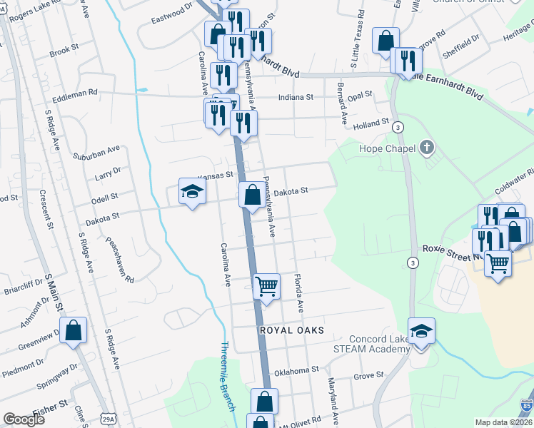 map of restaurants, bars, coffee shops, grocery stores, and more near 2100 Pennsylvania Avenue in Kannapolis