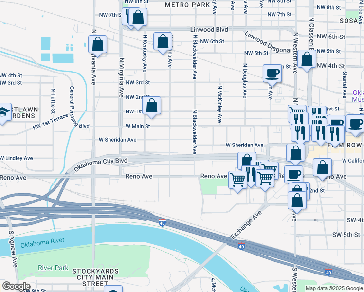 map of restaurants, bars, coffee shops, grocery stores, and more near W Lindley Ave in Oklahoma City