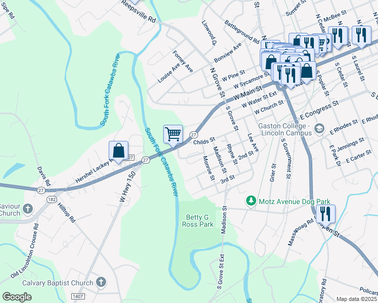 map of restaurants, bars, coffee shops, grocery stores, and more near 167 Hillside Drive in Lincolnton