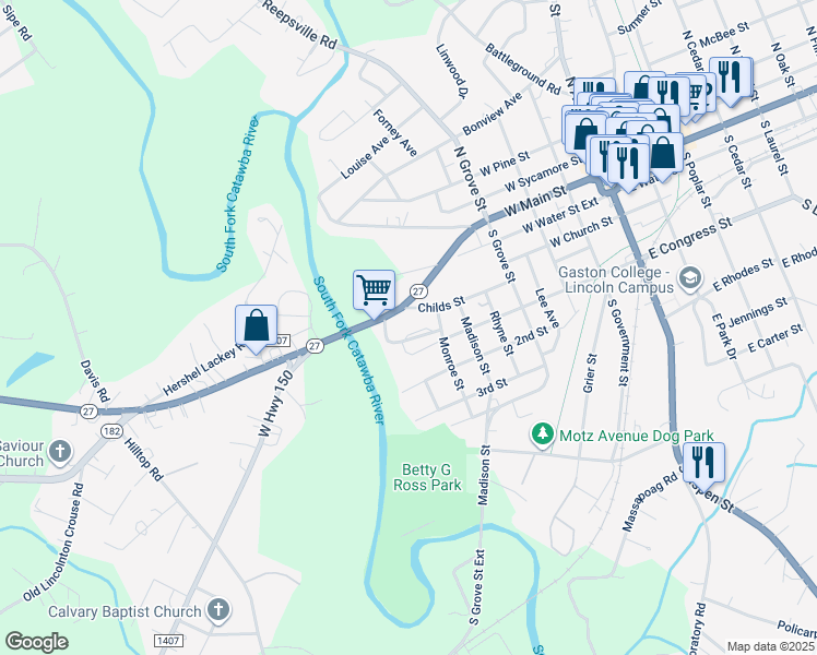 map of restaurants, bars, coffee shops, grocery stores, and more near 126 Hillside Drive in Lincolnton